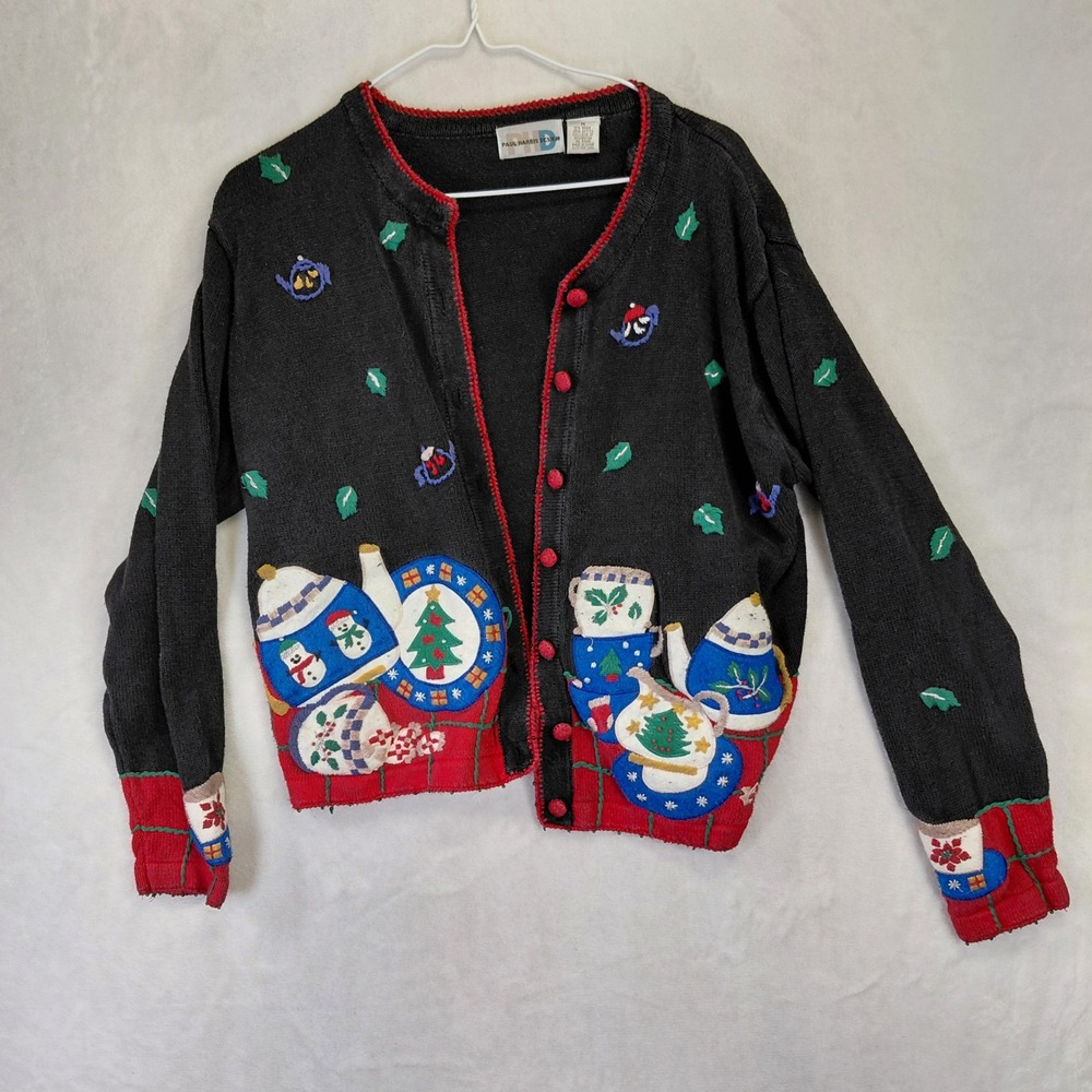 Paul Harris Design Vintage Christmas Tea Party Cardigan Sweater Black Medium